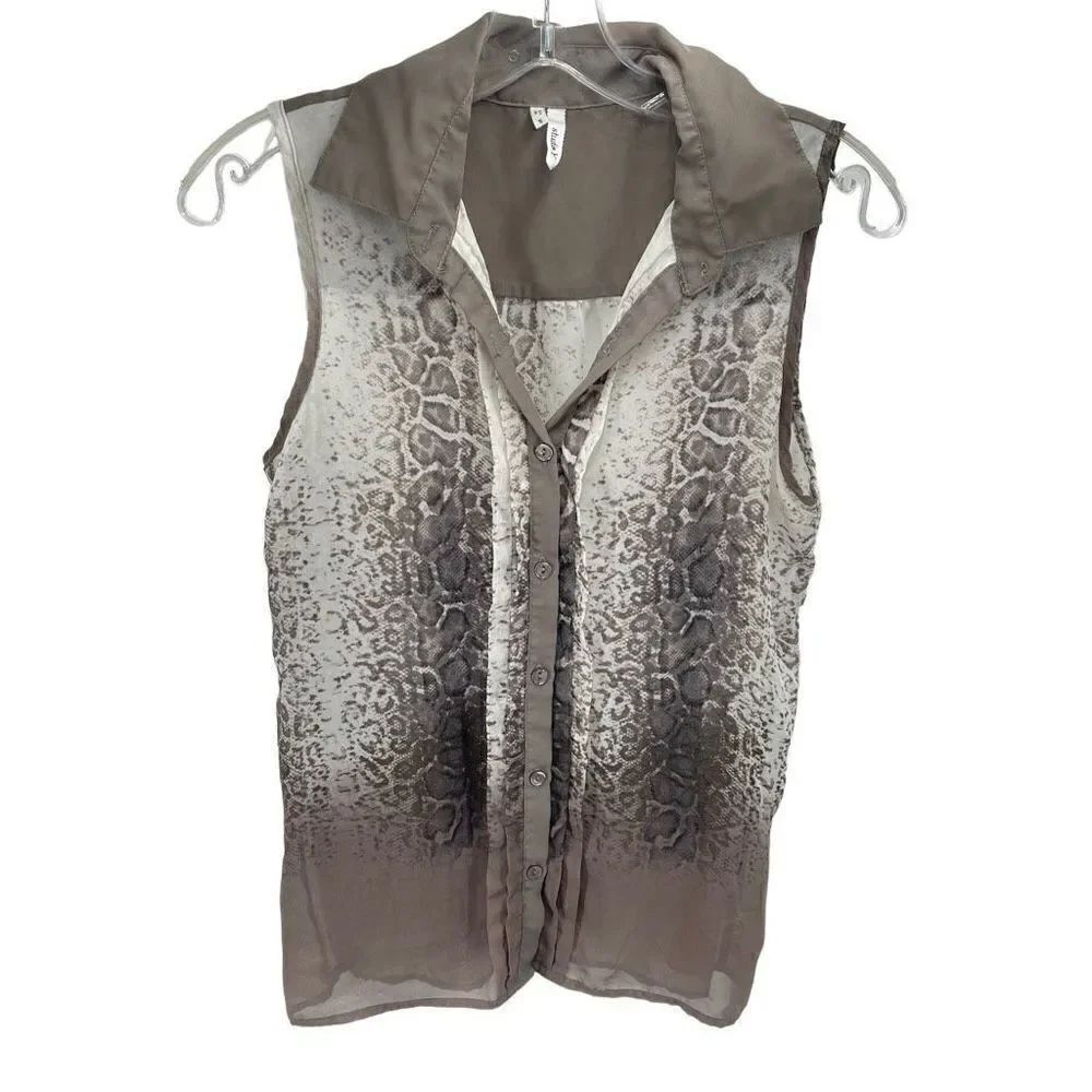Studio Y Womens Sleeveless Blouse Tank Top Collared Animal Print Gray Small